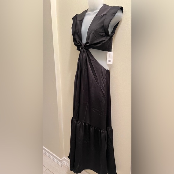 Jason Wu Waist Cutout Cuffed Cap Sleeve V-Neck Satin Dress Black, Size S, $400 - Picture 7 of 11